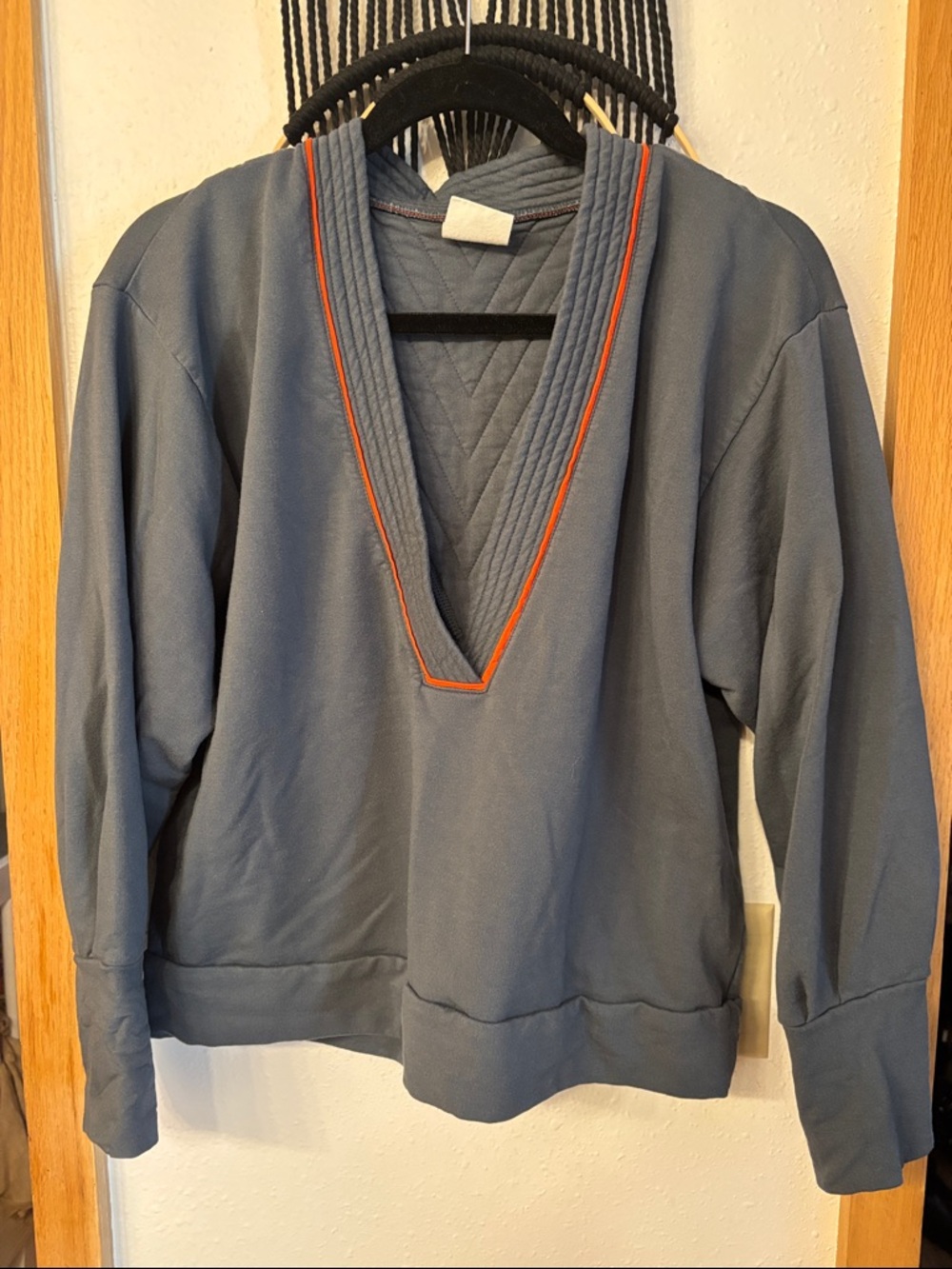 Slate Blue V-Neck Long Sleeve Pullover w Orange Trim - pull down nursing access